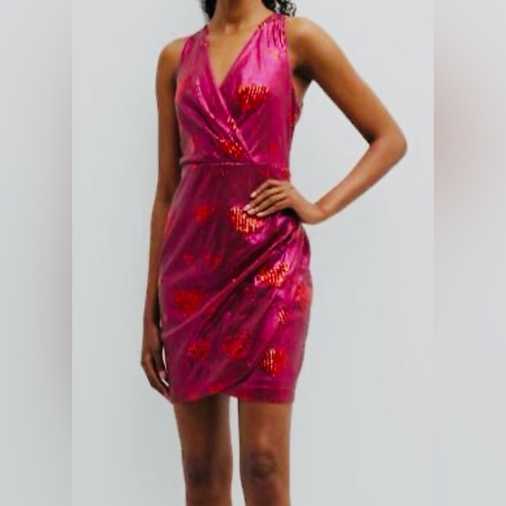 NWT One33 Social Women's Pink Sequin Heart Faux-Wrap Mini Dress Size 2